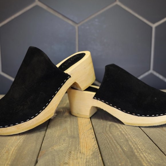 Womens Rag & Co Darcie Black Suede Wooden Clogs Handmade Mule Lotta Swedish Shoe - Picture 3 of 8